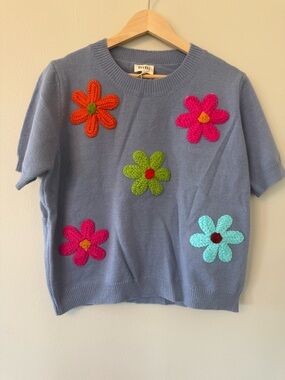 NWT BiBi Crochet Flower Patch Sweater Top Colorful Short Sleeve Knit Size L